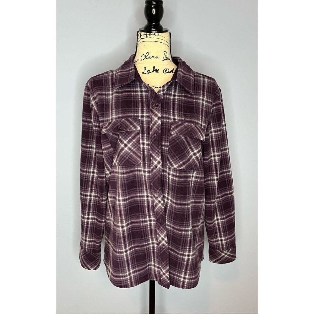 Ascend Women’s Large Purple White Fleece Long Sleeve Flannel Button Down Shirt